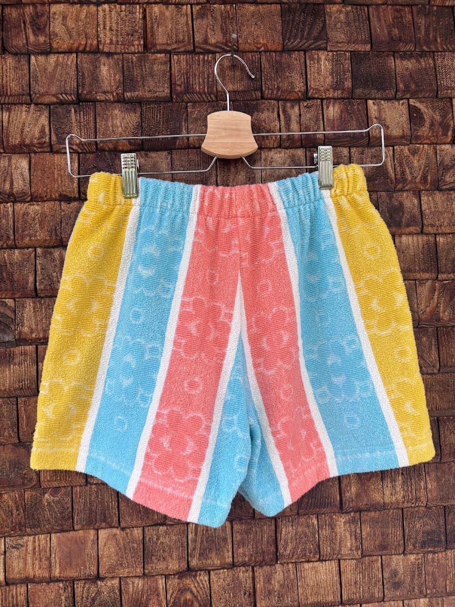 Rückansicht der handgefertigten Tuscany Fringe ‘84 Shorts, bei der die bunten Streifen in Gelb, Türkisblau und Korallenrosa vertikal verlaufen, präsentiert auf einem Bügel vor einer rustikalen Holzwand.